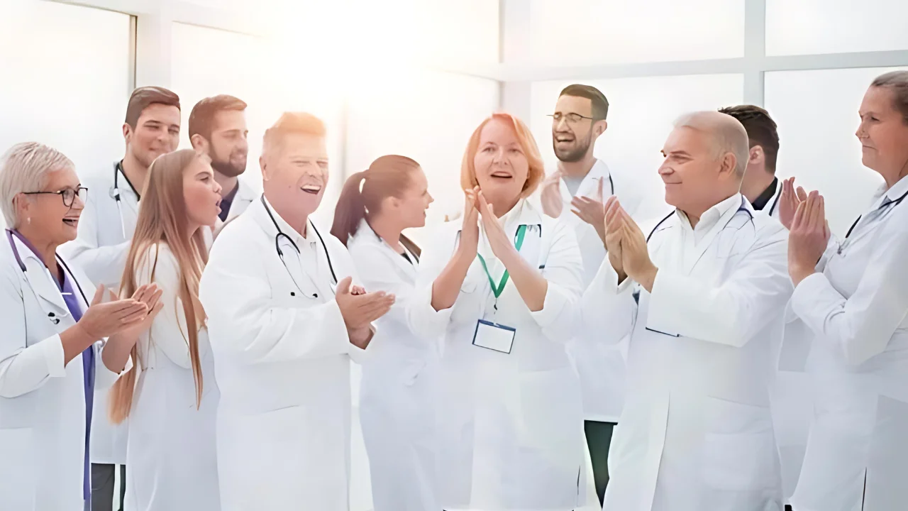 Un equipo médico celebrando un logro en un entorno de trabajo moderno.